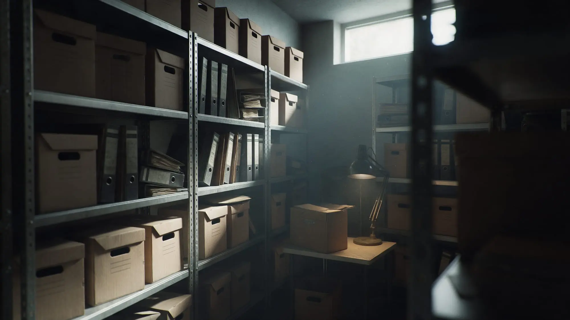Shelves of archive boxes and folders in a dim office storeroom