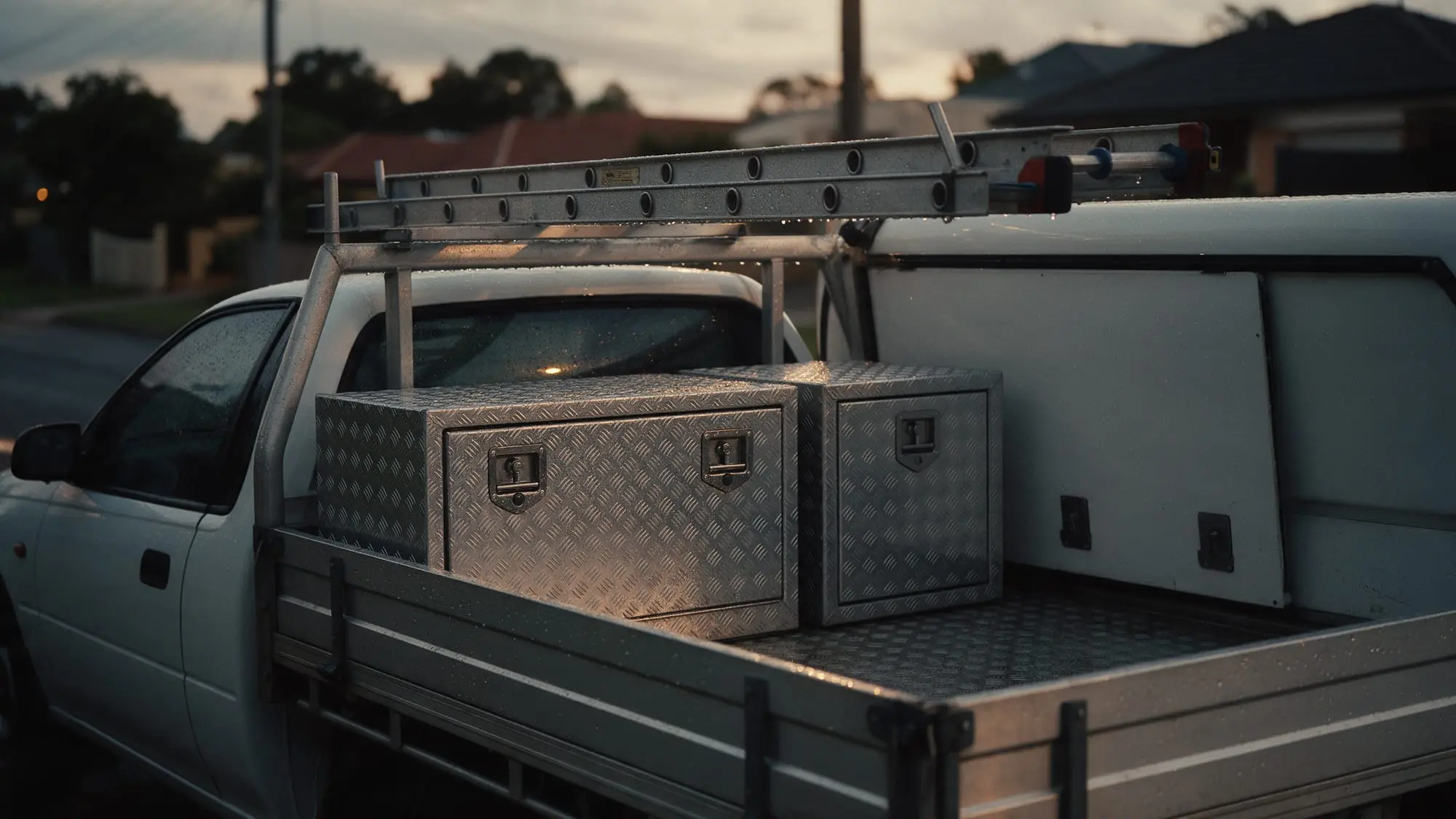 Locked aluminium toolboxes, a ladder rack and a canopy on the tray of a white ute