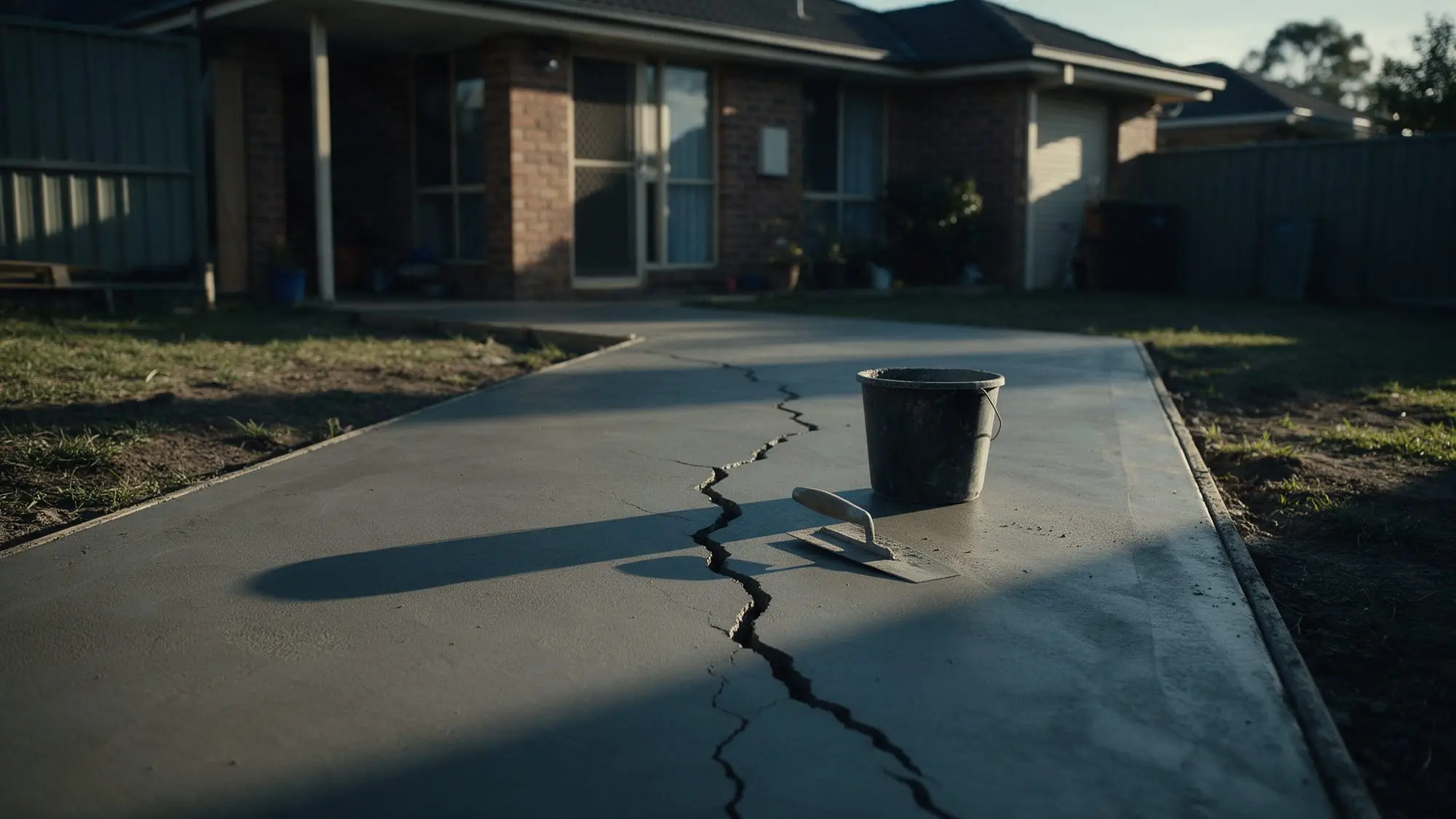 A long crack through a newly laid concrete path beside a brick house, with a bucket and trowel