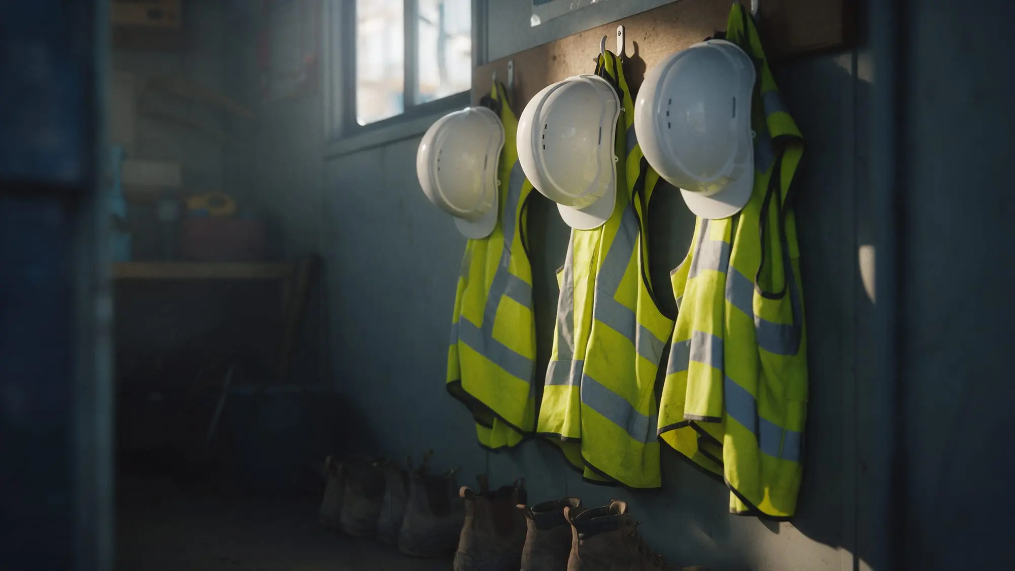 Hard hats and hi-vis vests hanging on the wall of a construction site shed