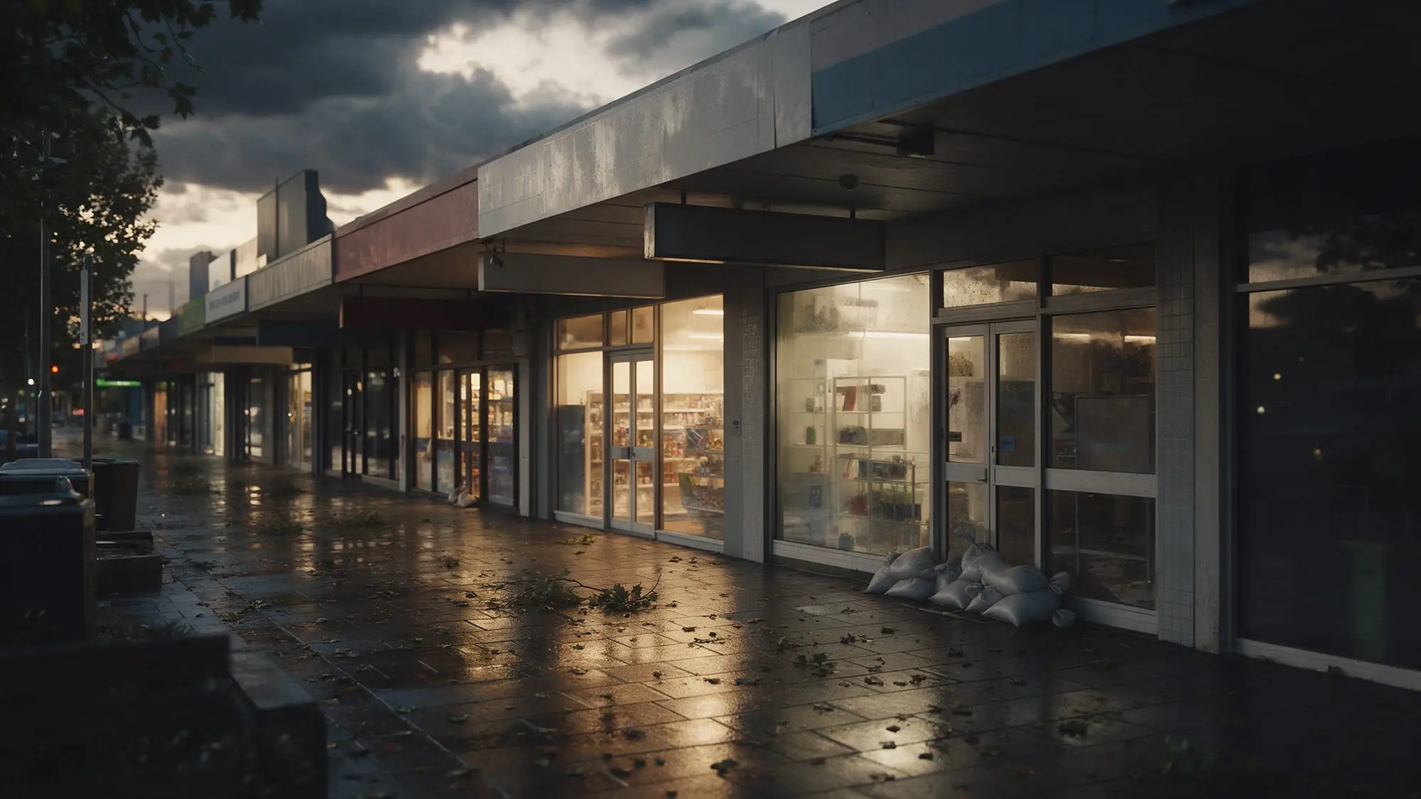 A wet shopping strip after a storm, with sandbags at a shop door